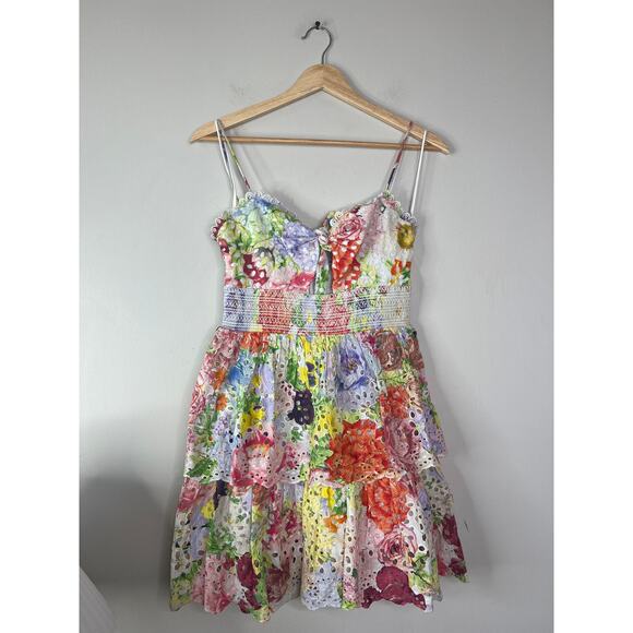 NEW Alice + Olivia Fina Smocked Eyelet Dawn Floral Mini Dress Multi Color Size 0 - Picture 2 of 7